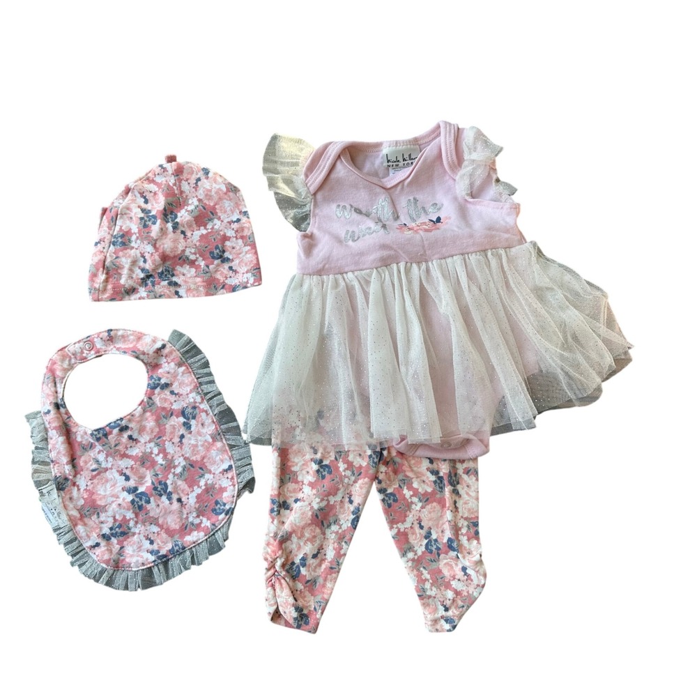 Nicole Miller New York Baby Girl 4pc Set Pink Floral Tutu Bodysuit Leggings 3/6M